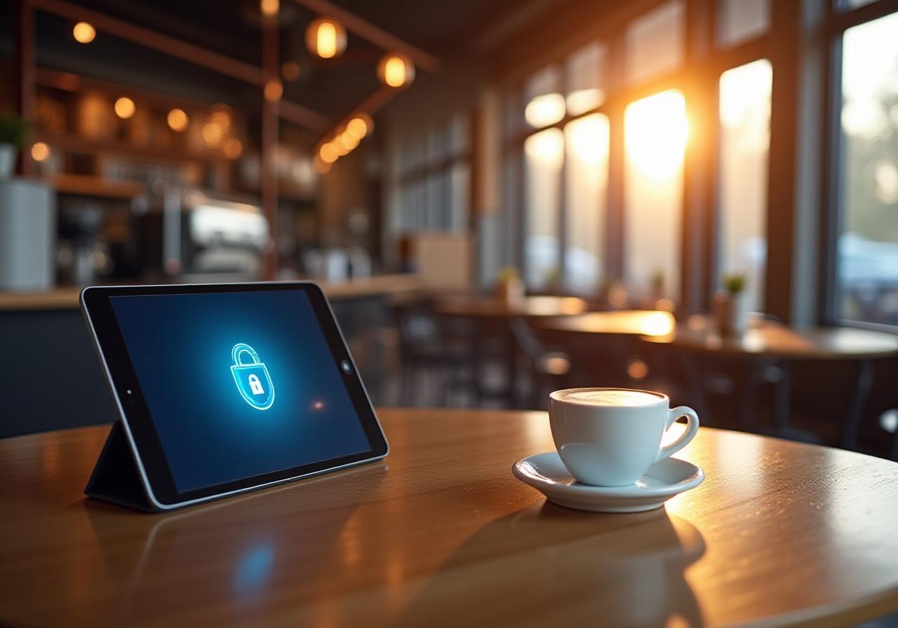 Atmospheric shot of a secure coffee shop interior with soft sunlight